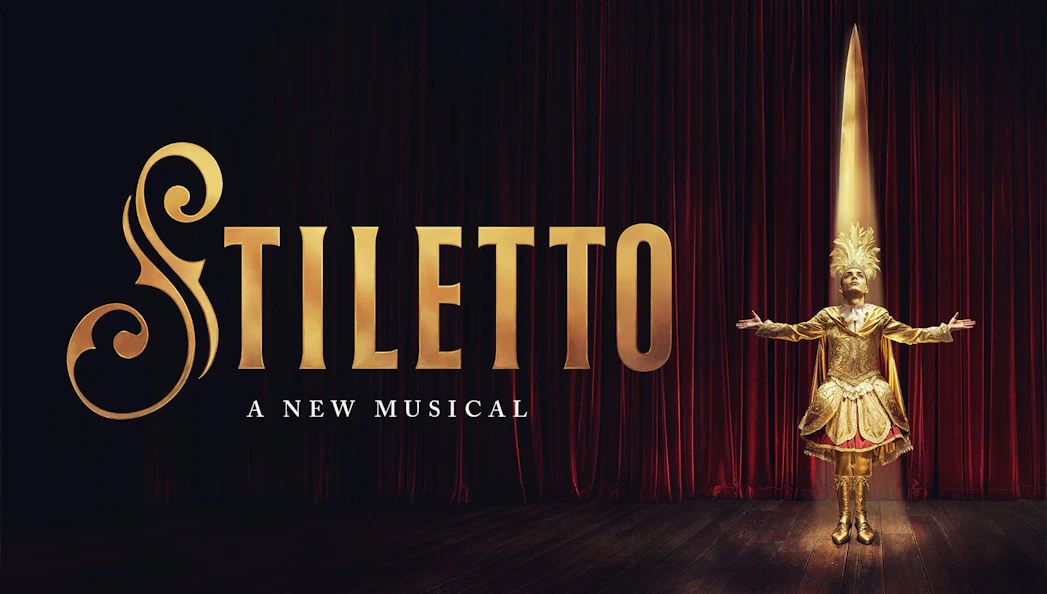 Stiletto musical poster with performer in gold costume on stage
