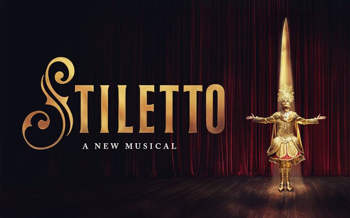 Stiletto musical poster with performer in gold costume on stage