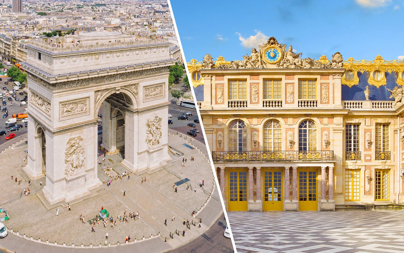 Arc de Triomphe and Palace of Versailles facade in Paris, France.