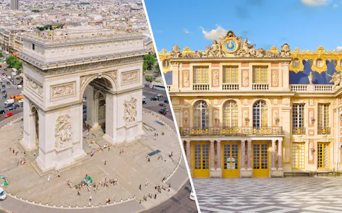 Arc de Triomphe and Palace of Versailles facade in Paris, France.