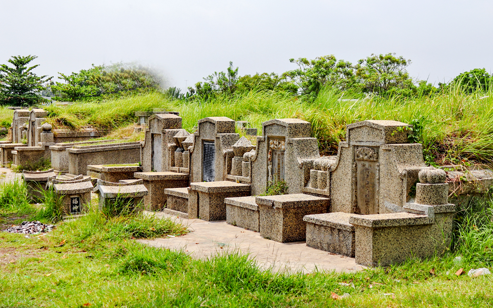 Stone tombstones at Bukit Brown Chinese cemetery surrounded by greenery.