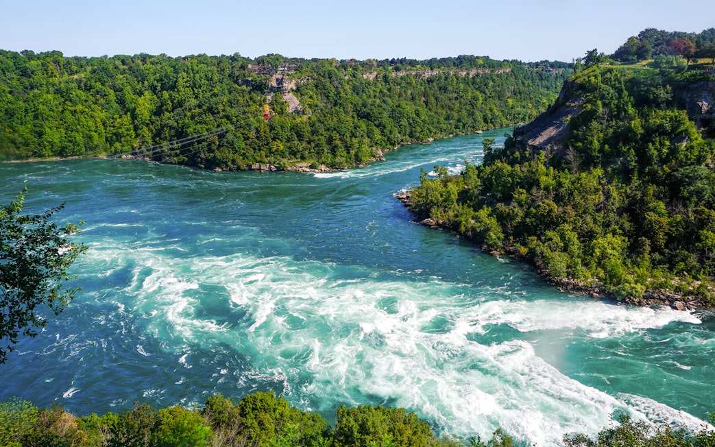 Niagara Whirlpool along the Niagara River surrounded by lush green forests.
