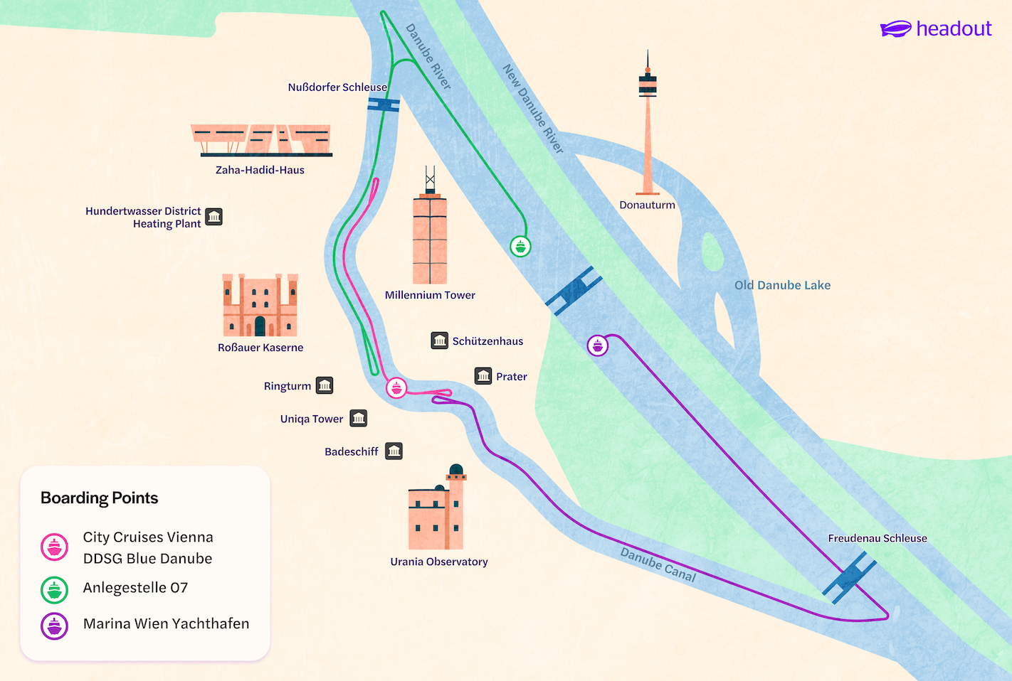 Vienna boat tour map highlighting Danube River route and key city landmarks.