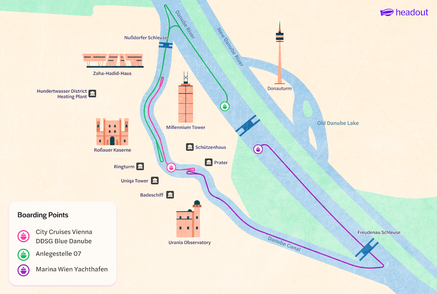 Vienna boat tour map highlighting Danube River route and key city landmarks.