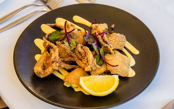 Fried seafood dish with lemon wedge on Sydney Harbour luxury lunch cruise.