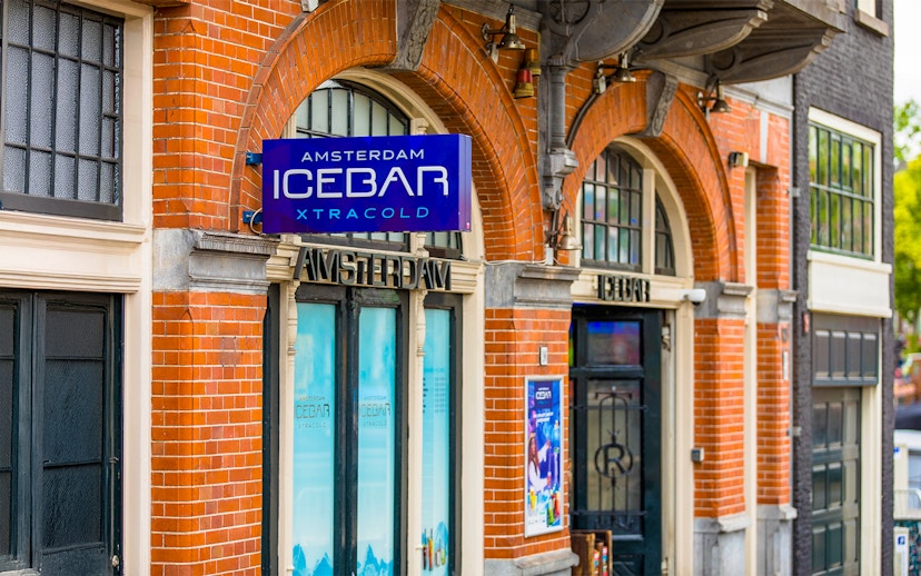 Amsterdam Icebar entrance with brick facade and signage.