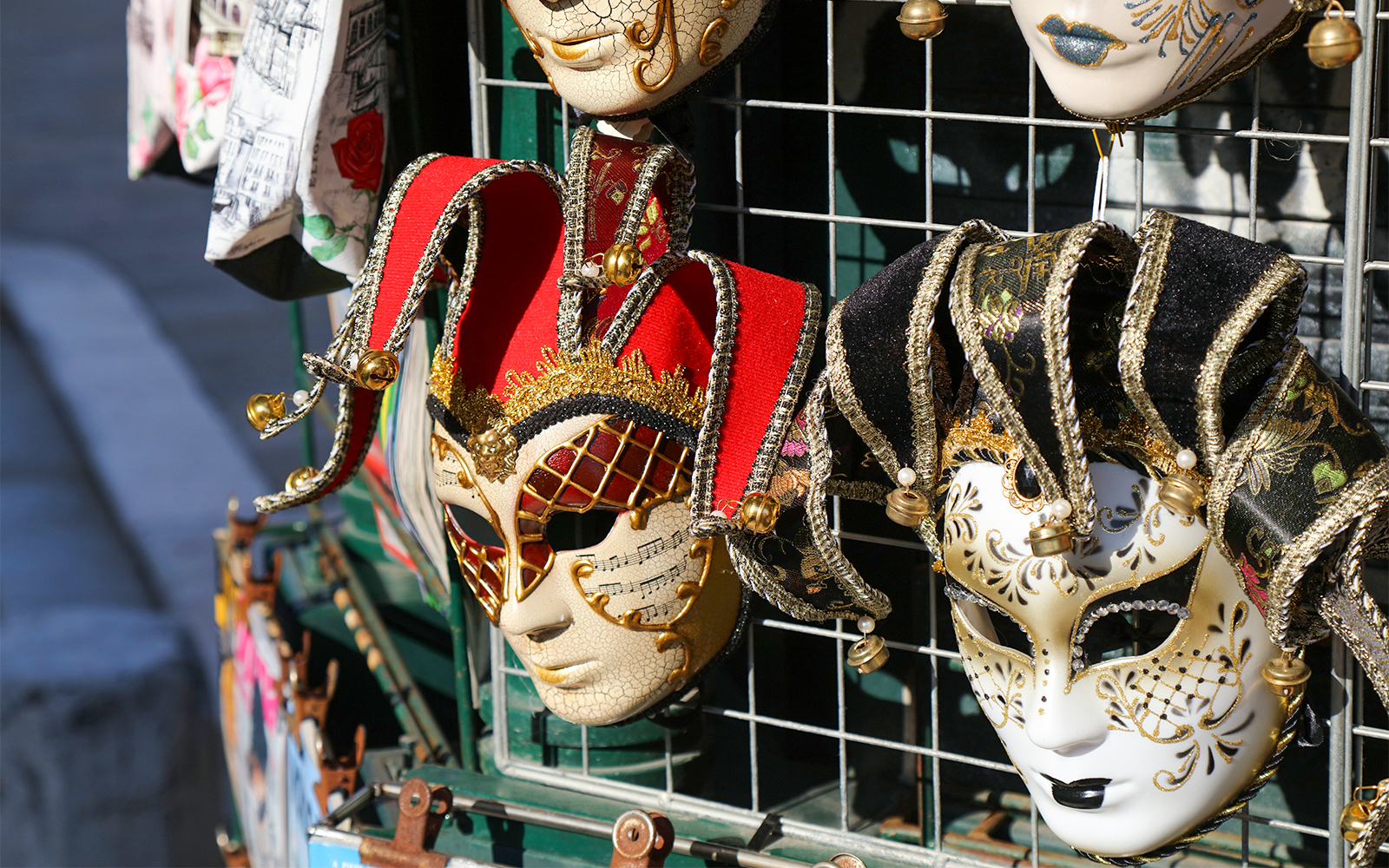 Venice Carnival masks displayed in a shop in Venice, Italy.