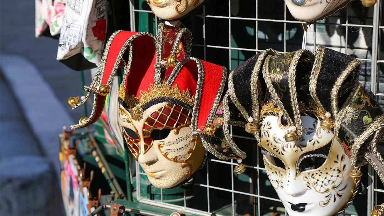 Venice Carnival masks displayed in a shop in Venice, Italy.