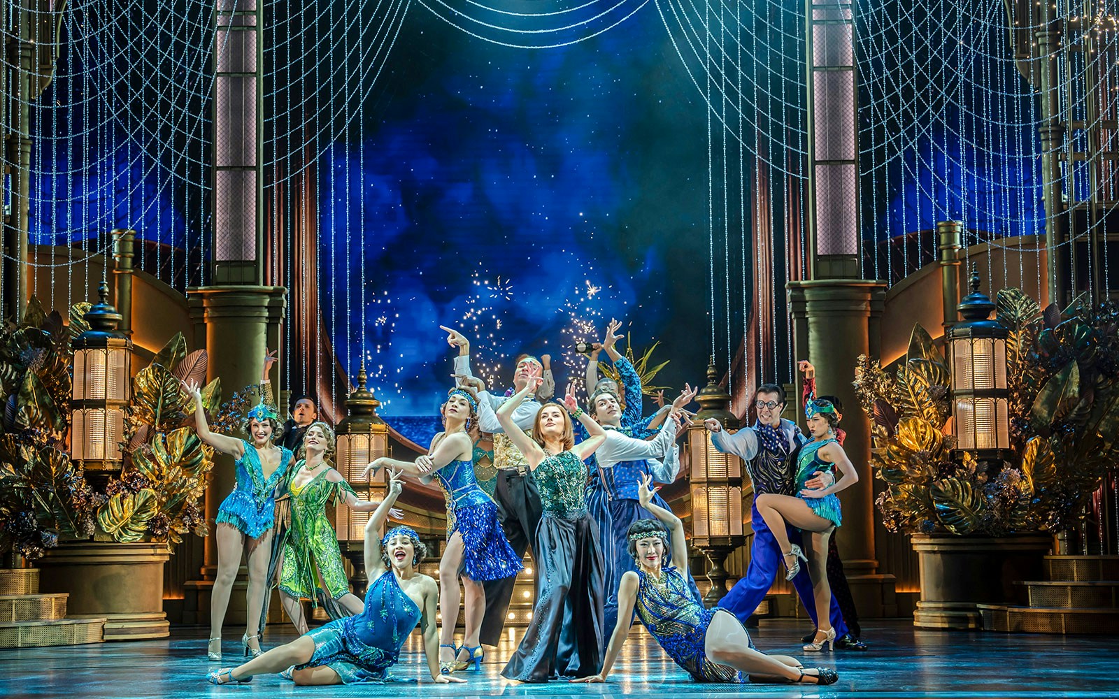 Theater stage with actors performing The Great Gatsby Musical in New York City.