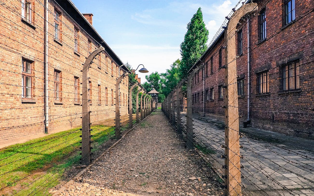 Auschwitz Birkenau I brick barracks with barbed wire fence and pathway.