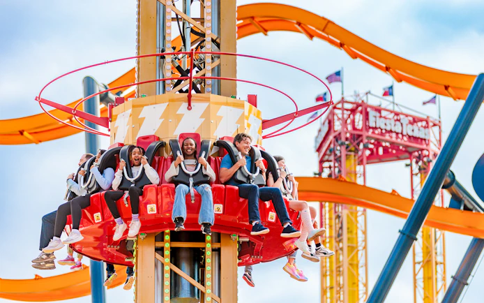 Riders enjoying Shazam Tower of Eternity at Six Flags Fiesta, Texas.