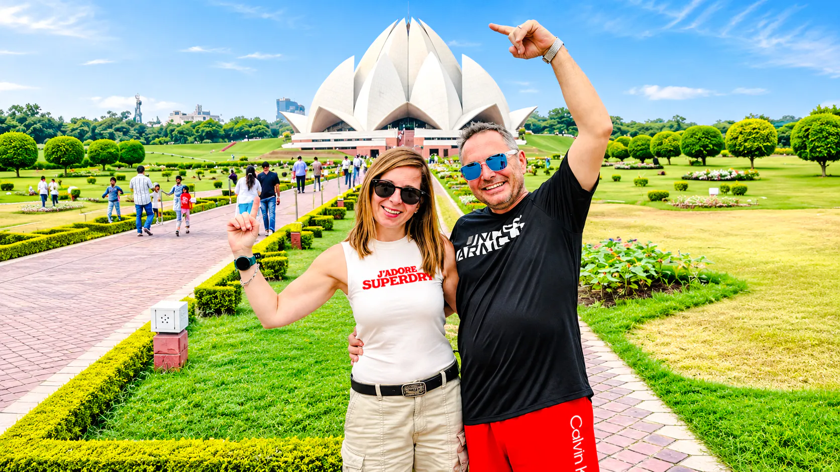Tourists at Lotus Temple, Delhi, during 5-Day Golden Triangle Tour with Ranthambore Tiger Safari.