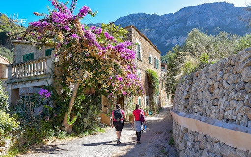Valldemossa street with stone houses and blooming bougainvillea, part of Soller tour.