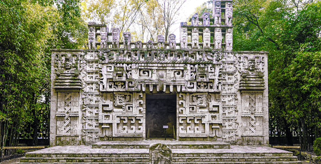 Maya temple reconstruction at Museum of Anthropology, showcasing ancient architecture.
