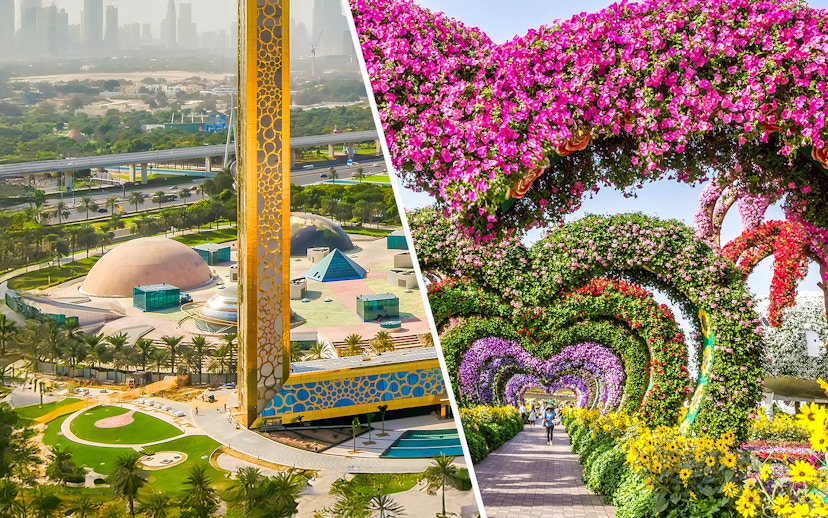 Dubai Frame and floral arches at Miracle Garden.