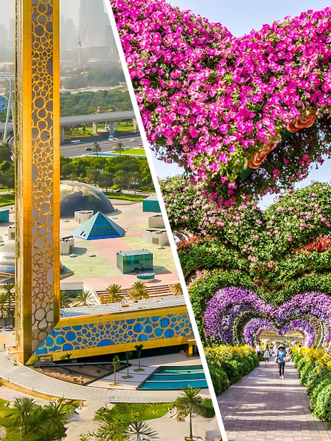 Dubai Frame and floral arches at Miracle Garden.