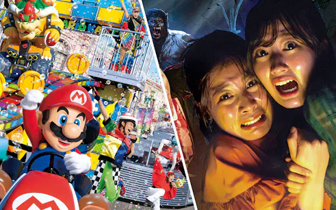 Universal Studios Japan attractions featuring Mario Kart ride and Halloween Horror Night scare.