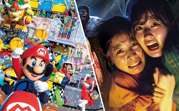 Universal Studios Japan attractions featuring Mario Kart ride and Halloween Horror Night scare.