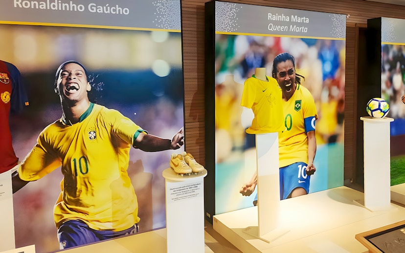 Maracanã Stadium museum display featuring Brazilian football legends' memorabilia.