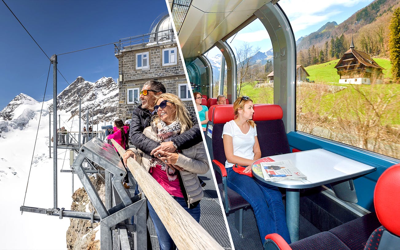 Couple enjoying view at Jungfraujoch and woman on Swiss train with scenic landscape.
