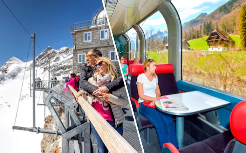 Couple enjoying view at Jungfraujoch and woman on Swiss train with scenic landscape.