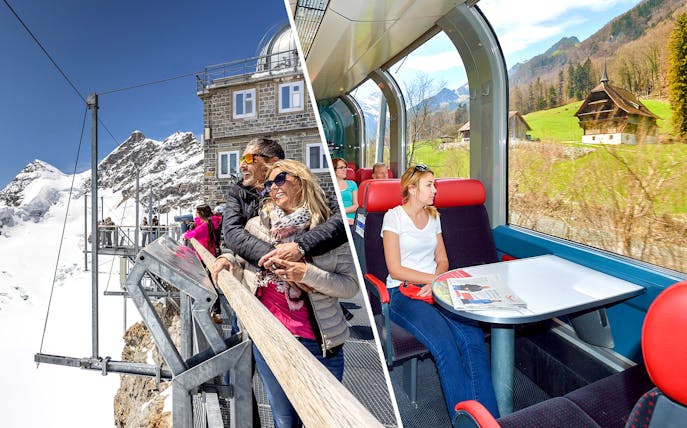 Couple enjoying view at Jungfraujoch and woman on Swiss train with scenic landscape.