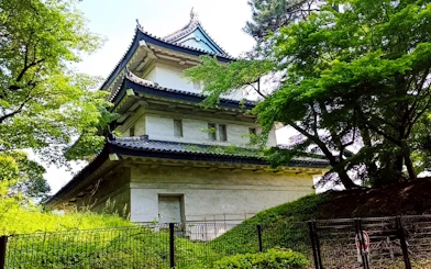 Imperial Palace guard tower surrounded by lush greenery in Tokyo.