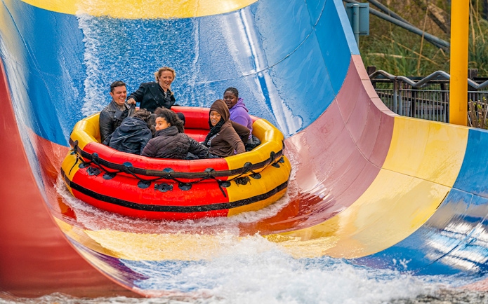 Visitors enjoying the Storm Surge water ride at Thorpe Park.