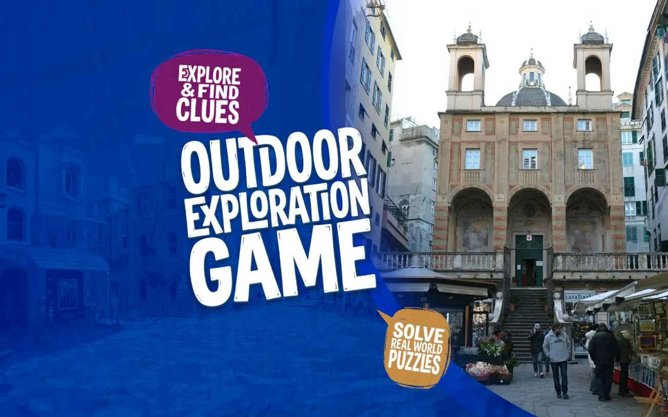Genoa city exploration game with historic building and market stalls.