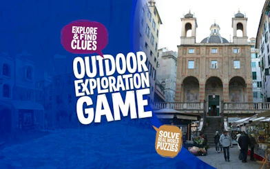 Genoa city exploration game with historic building and market stalls.
