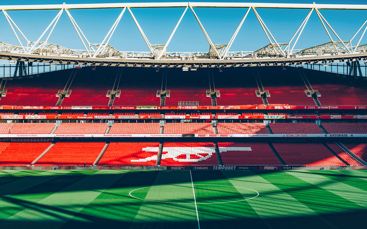 Emirates Stadium seating and field view, part of Arsenal FC audio tour.