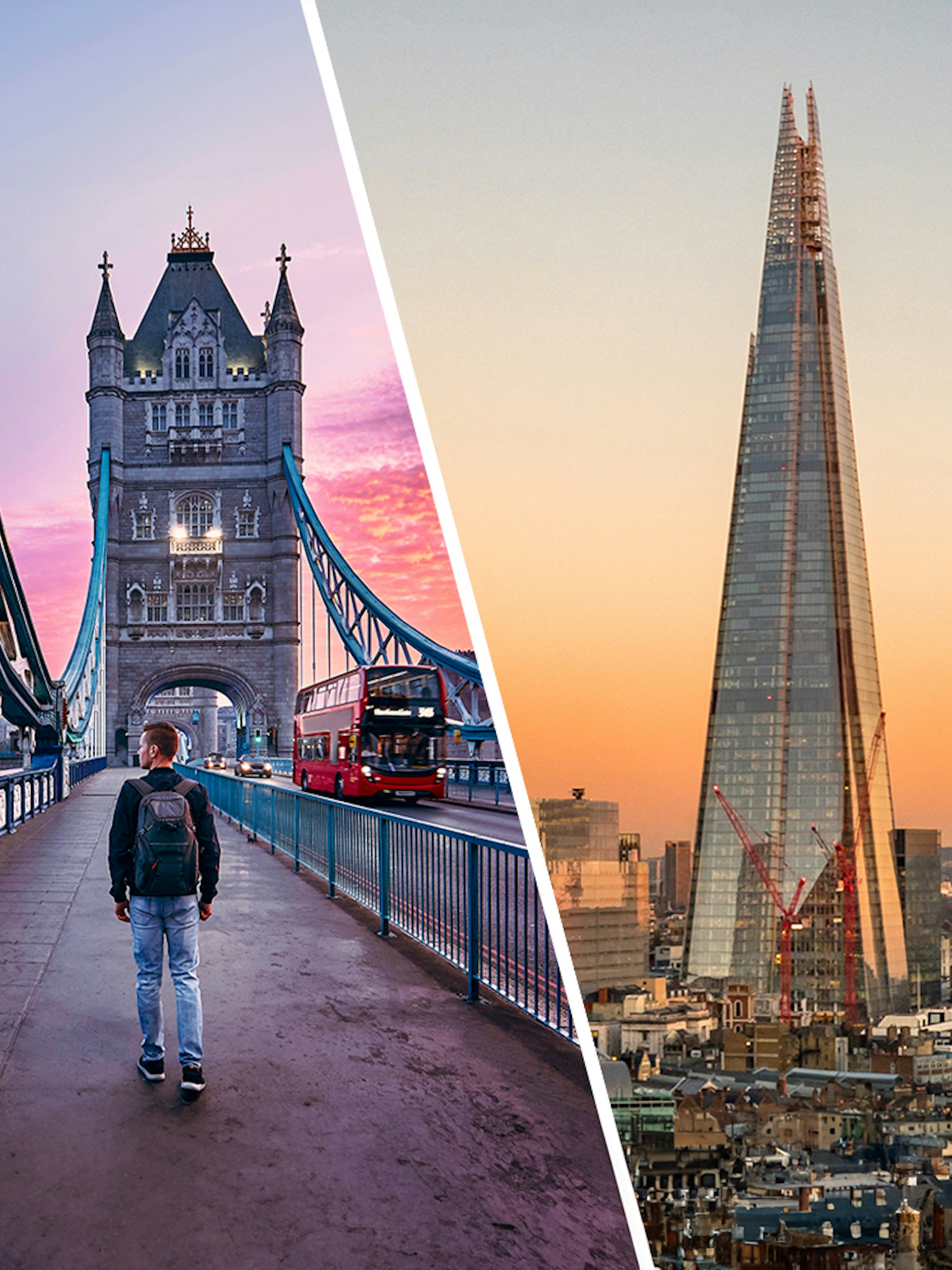 Tower Bridge walkway with a red bus and The Shard at sunset in London.
