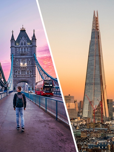Tower Bridge walkway with a red bus and The Shard at sunset in London.