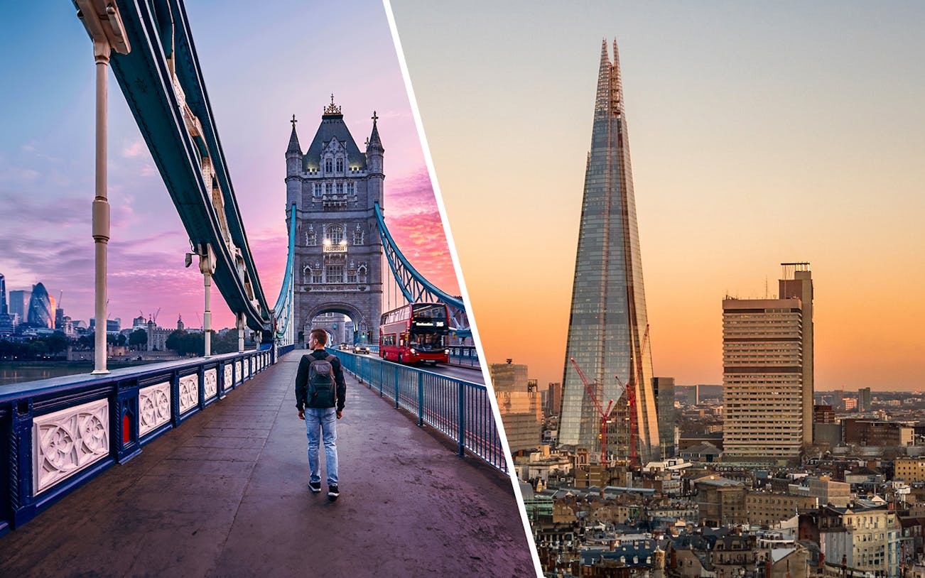 Tower Bridge walkway with a red bus and The Shard at sunset in London.