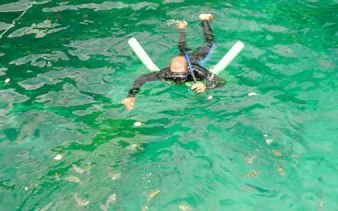 Diver exploring clear waters with snorkel gear in Angra, Rio de Janeiro.