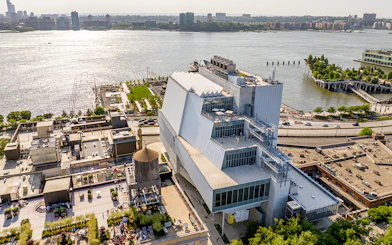 Aerial view of Whitney Museum of American Art overlooking the Hudson River in New York City.