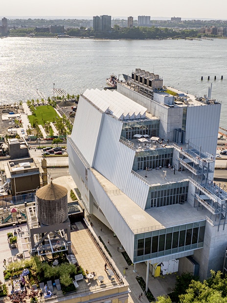 Aerial view of Whitney Museum of American Art overlooking the Hudson River in New York City.
