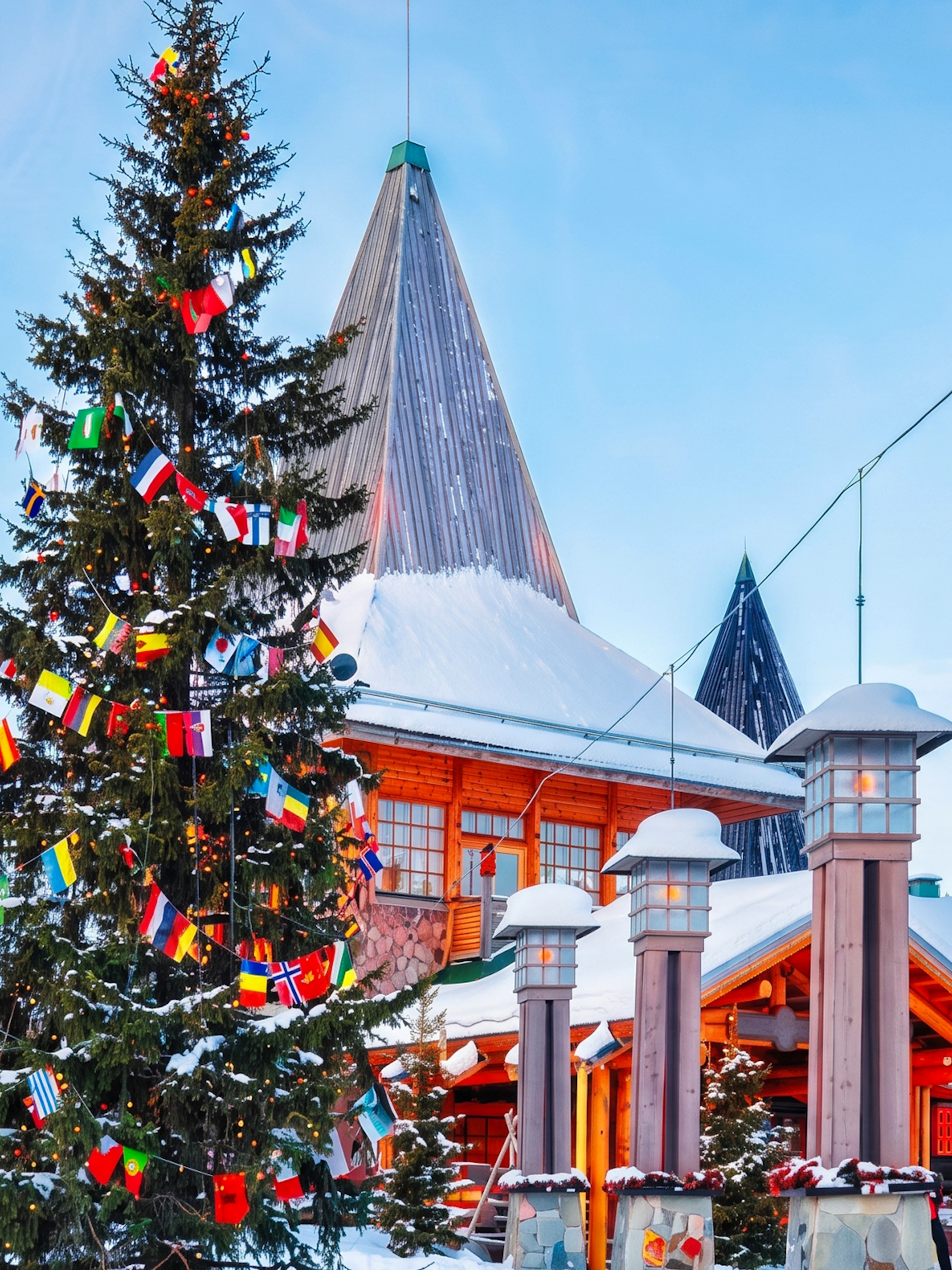 Santa Claus Village in Rovaniemi with snow-covered buildings and a decorated Christmas tree.