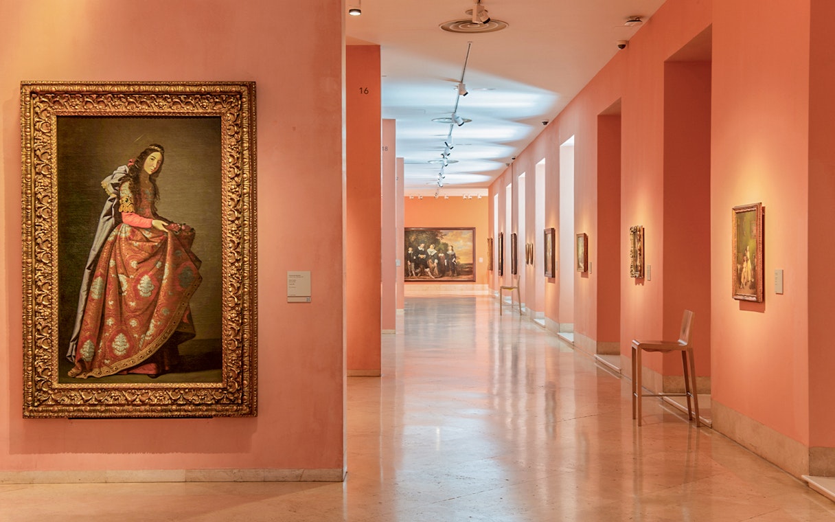 Thyssen Museum gallery with paintings on display in Madrid, Spain.