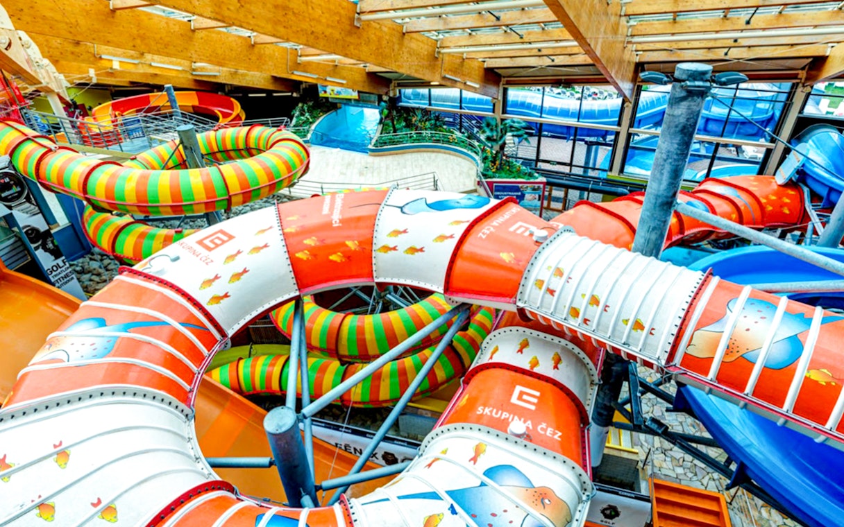 Colorful water slides at Aquapalace Water World in Prague.