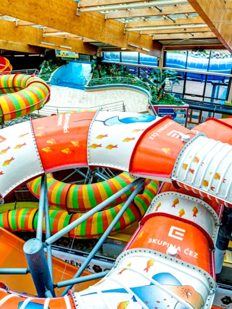 Colorful water slides at Aquapalace Water World in Prague.