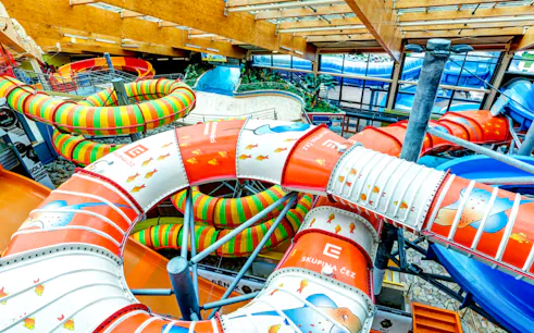 Colorful water slides at Aquapalace Water World in Prague.