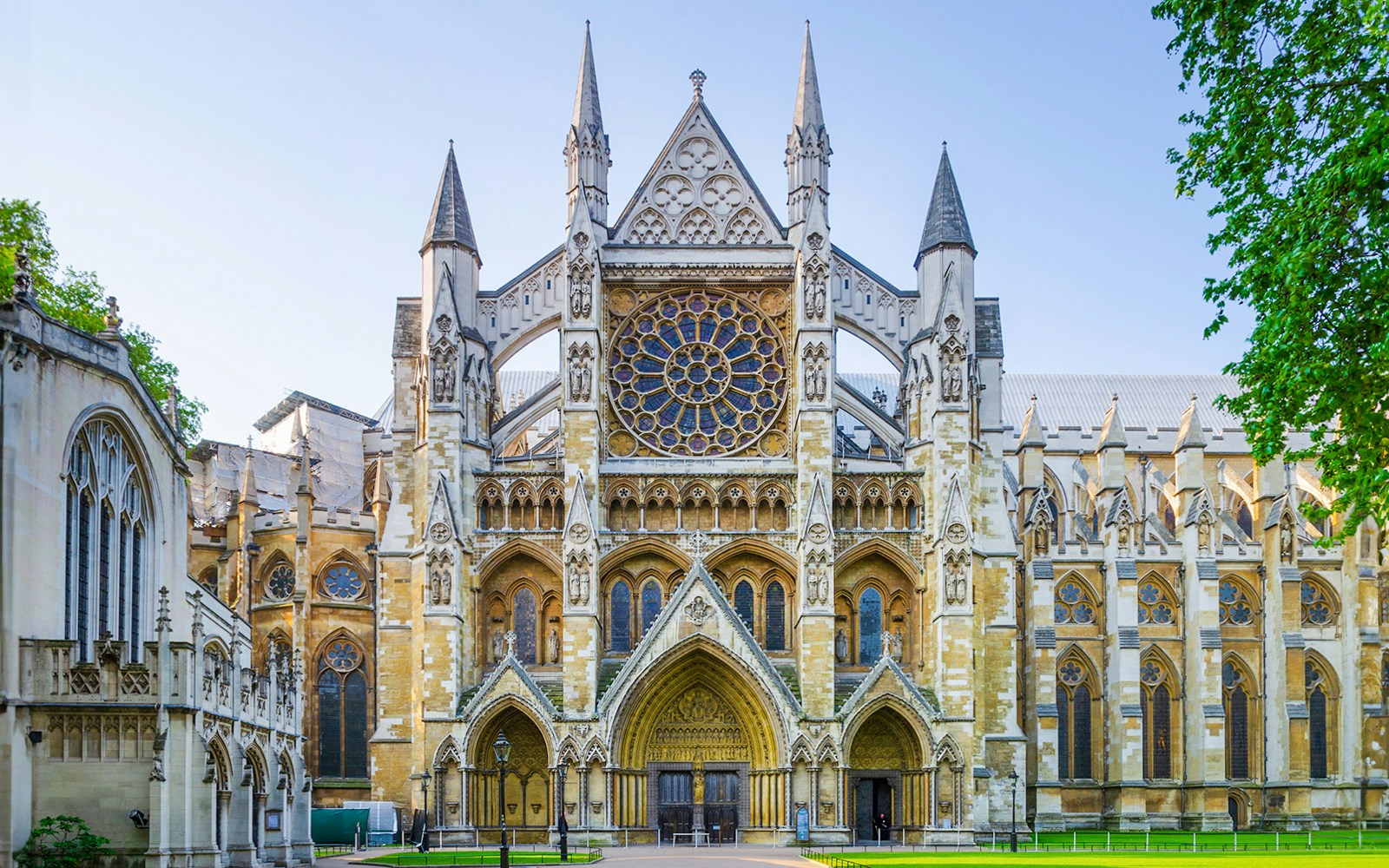 Westminster Abbey facade with intricate architecture, London.