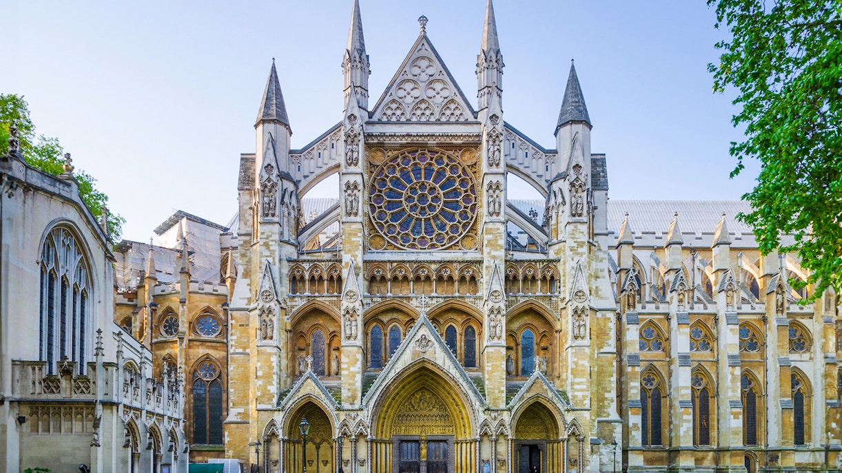 Westminster Abbey facade with intricate architecture, London.