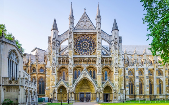Westminster Abbey facade with intricate architecture, London.
