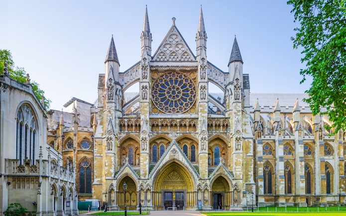 Westminster Abbey facade with intricate architecture, London.