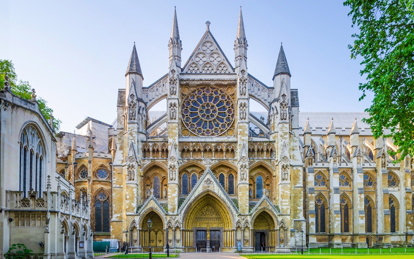 Westminster Abbey facade with intricate architecture, London.