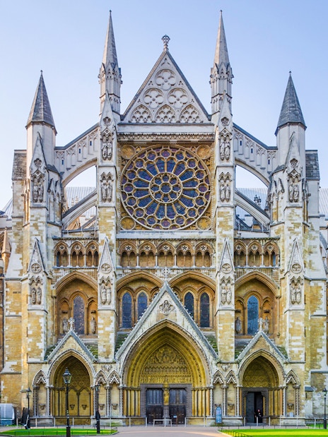 Westminster Abbey facade with intricate architecture, London.