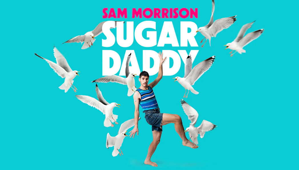 Performer surrounded by seagulls promoting Sugar Daddy Westend show.