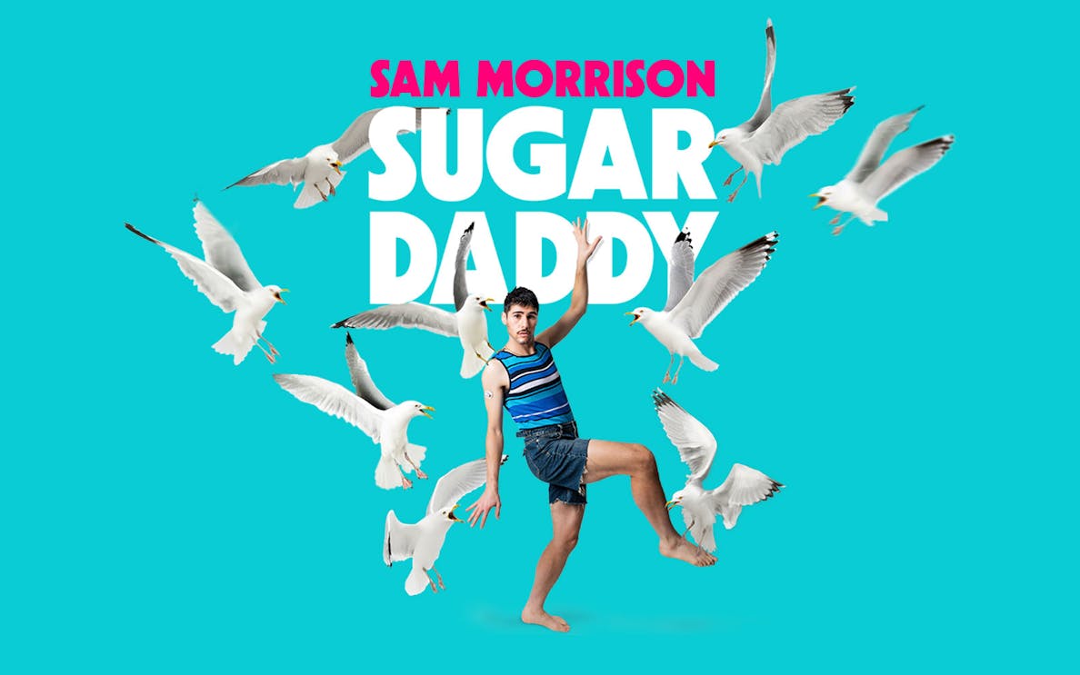 Performer surrounded by seagulls promoting Sugar Daddy Westend show.